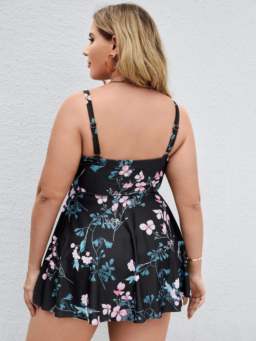 Women's floral print one-piece swimsuit in split colours, available in plus sizes.