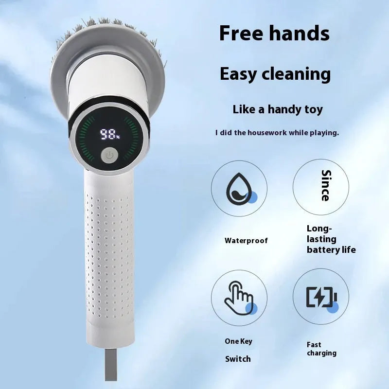 White wireless electric cleaning brush with replaceable heads and smart display for kitchen and bathroom use