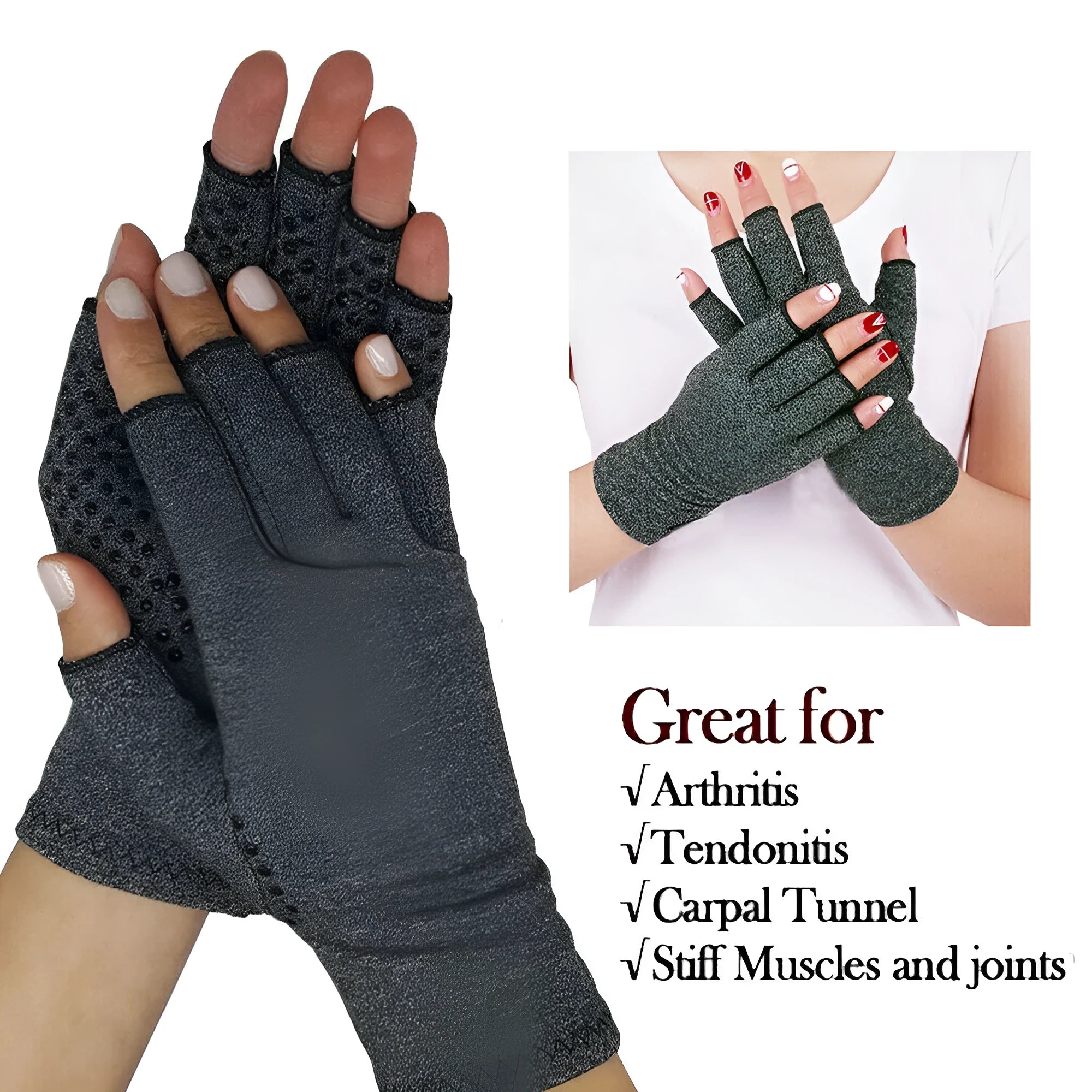 Grey half finger joint compression gloves showing anti-slip palm surface and breathable fabric construction