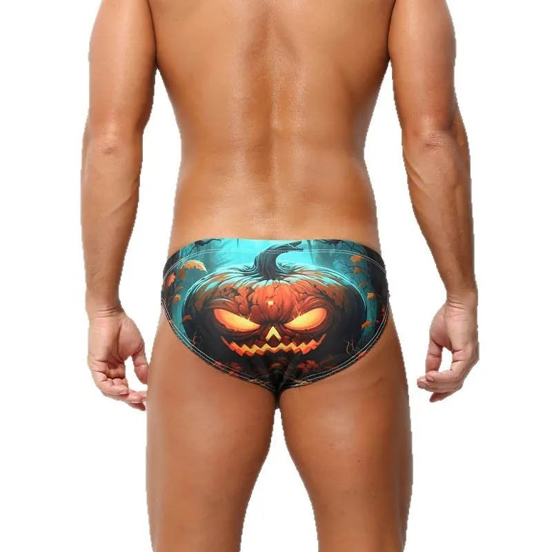 Men's quick-dry low waisted shorts with devil digital print in polyester knitted fabric.