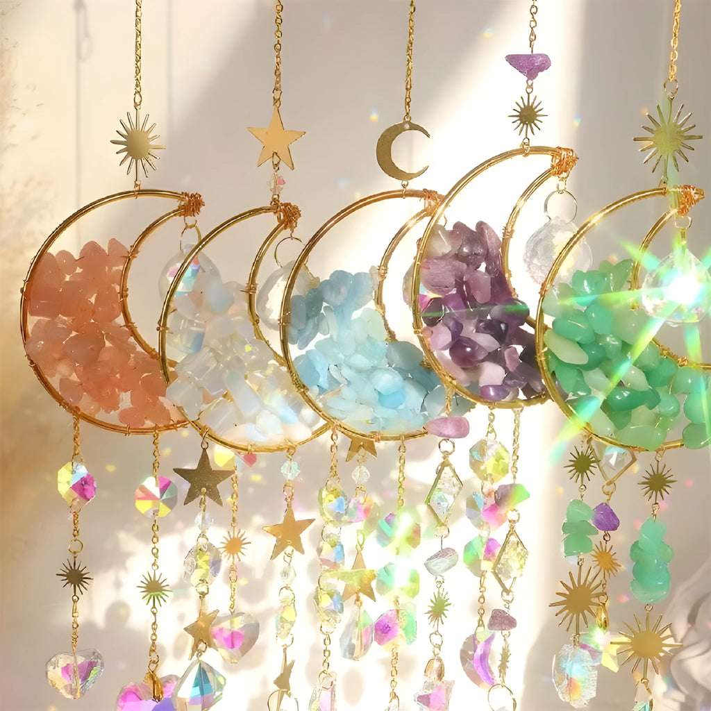 K9 crystal moon-shaped pendant on a 420mm cord for car rear-view mirror decoration.