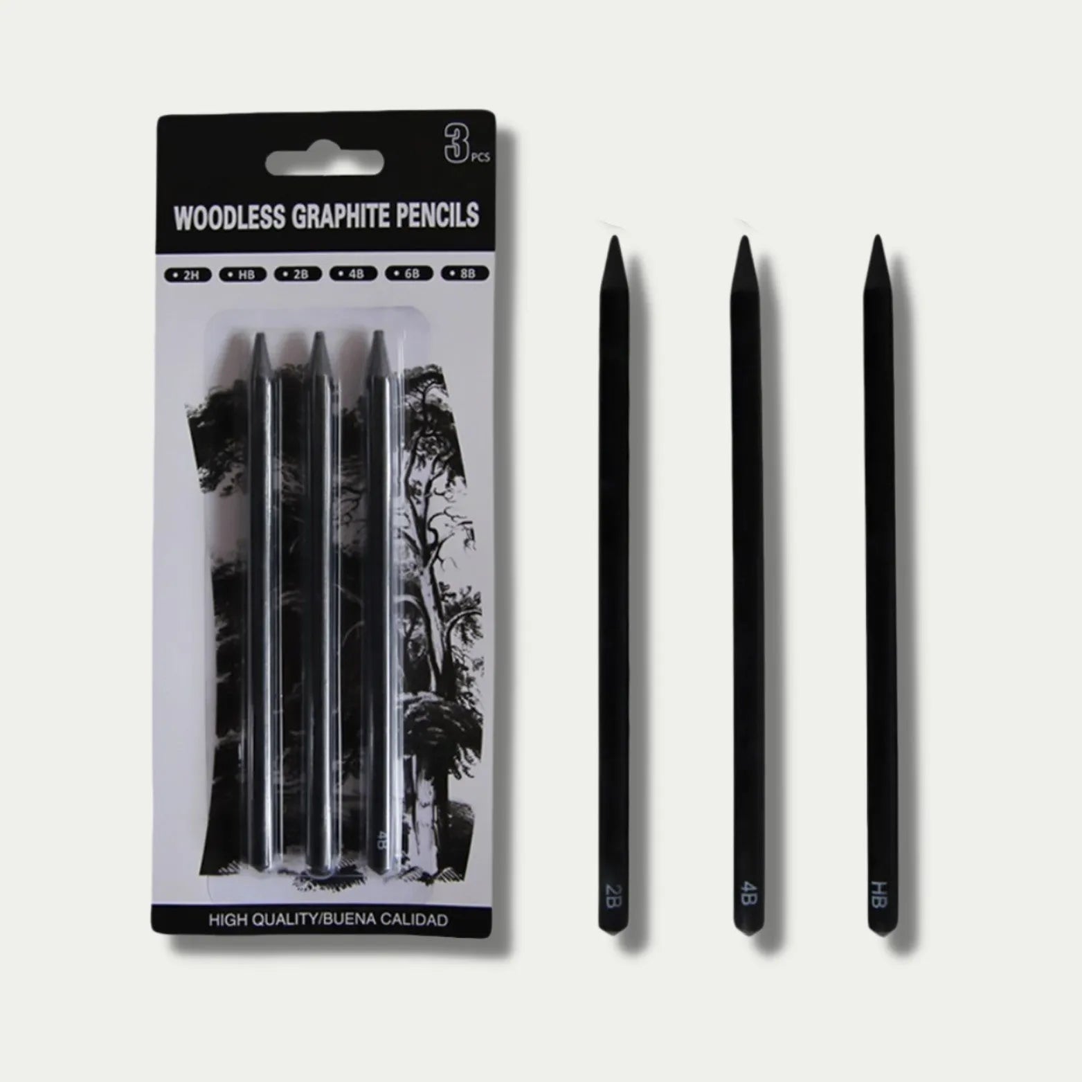Set of six wood-free graphite sketching pencils with grades HB 2B 4B 6B 8B EE for art.