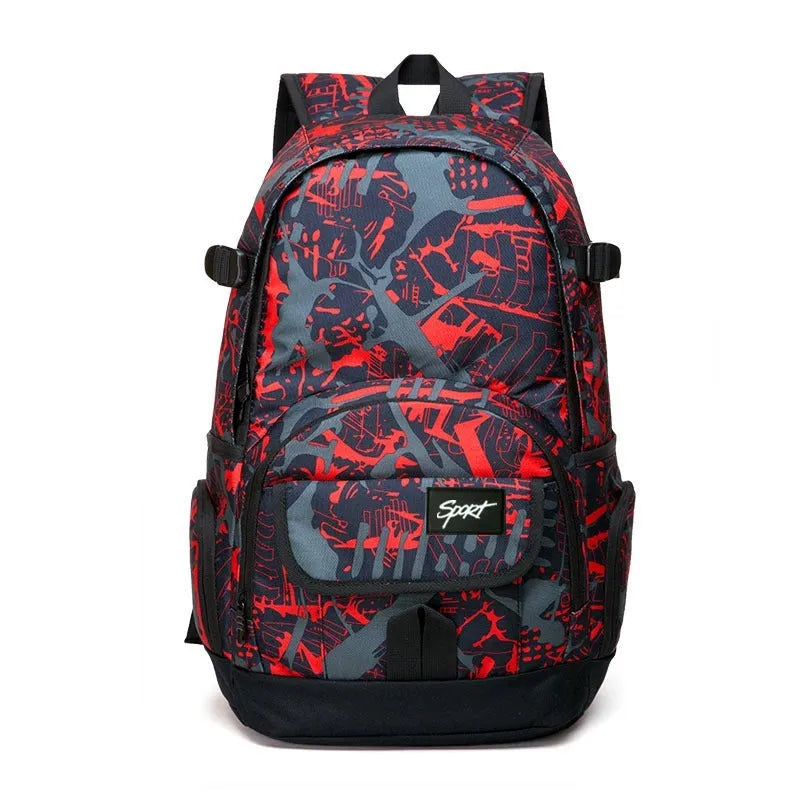 Blue classic nylon backpack with multiple pockets open, showing internal organisers and laptop sleeve.