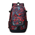 Blue classic nylon backpack with multiple pockets open, showing internal organisers and laptop sleeve.