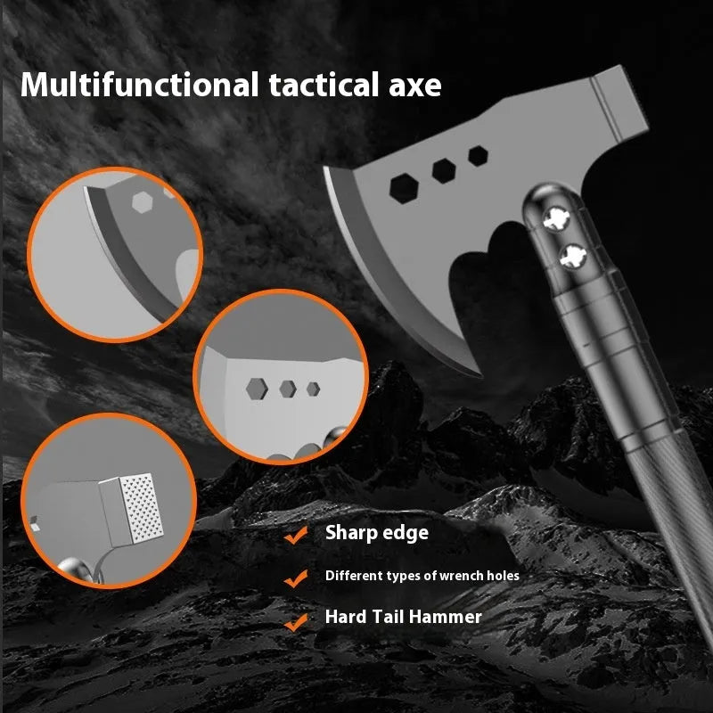 Black multi-functional military shovel set with axe and knife, packed in a hard carry case.