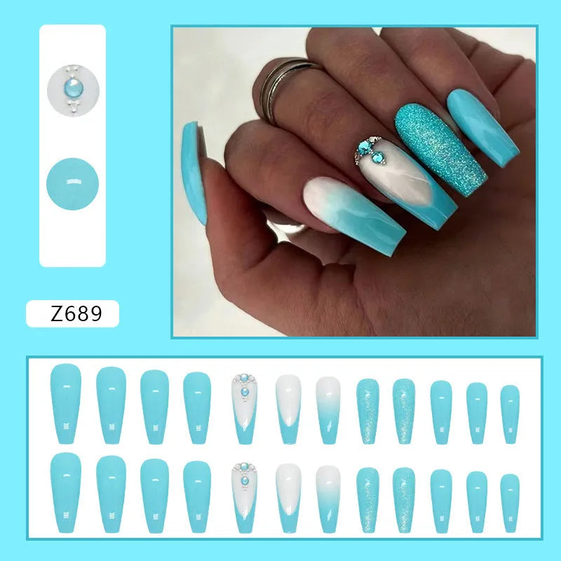 Smart blue diamond false nails with long ballet shape and included adhesive glue