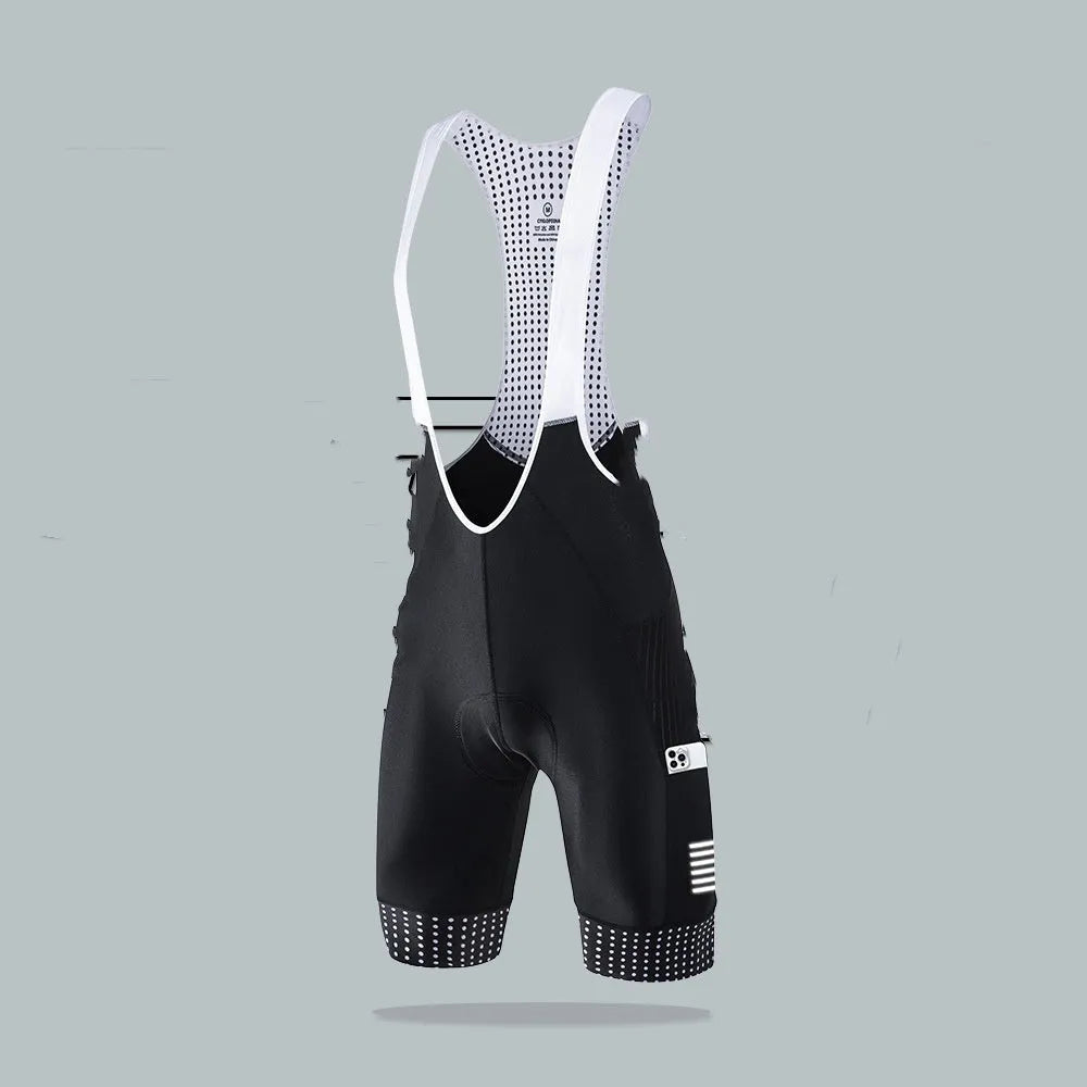 Man wearing black suspender shorts for road cycling in summer