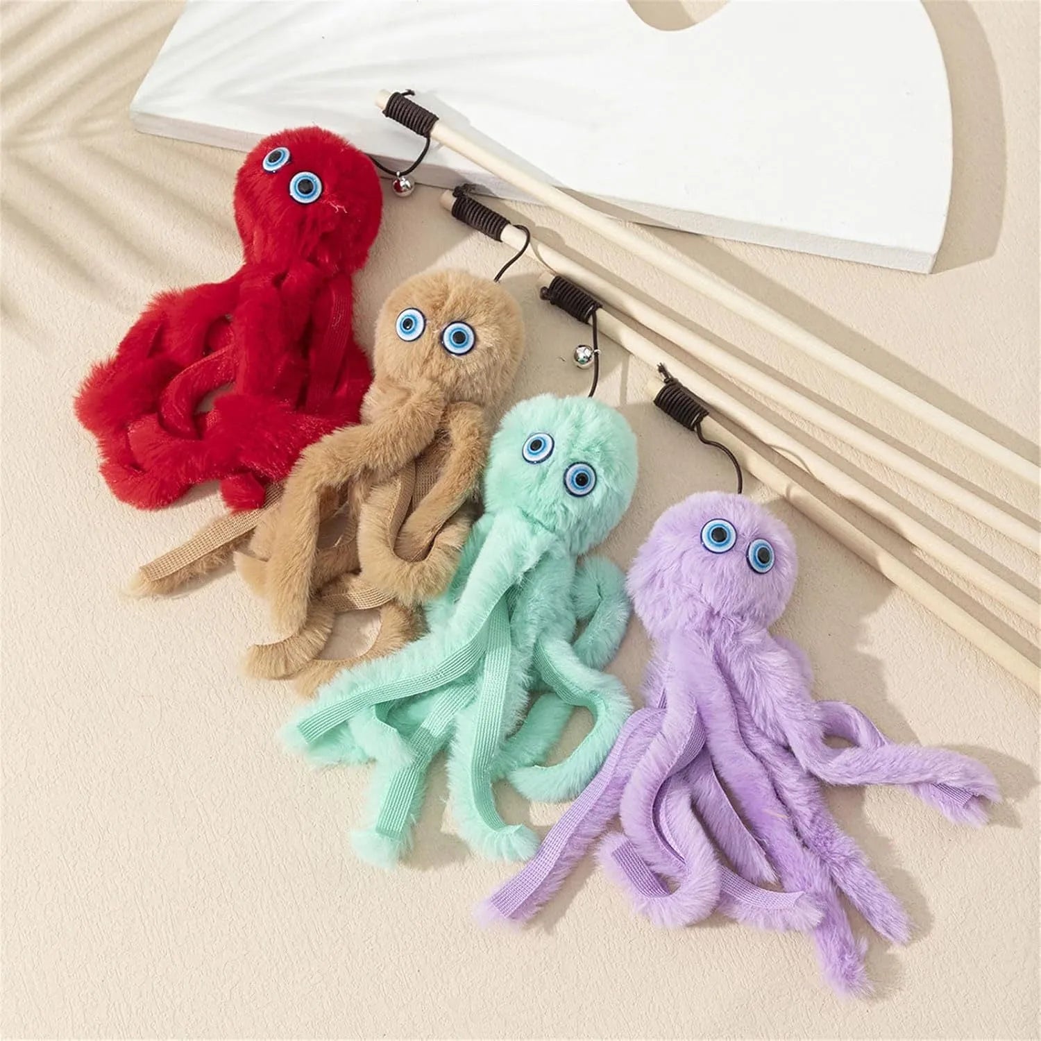 Long stick cat toy with octopus plush in grey, pink, purple or red colours, 40cm length