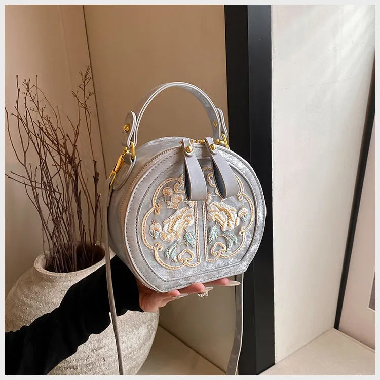 Chinese embroidery handbag in soft PU, horizontal square shape, black, with shoulder strap