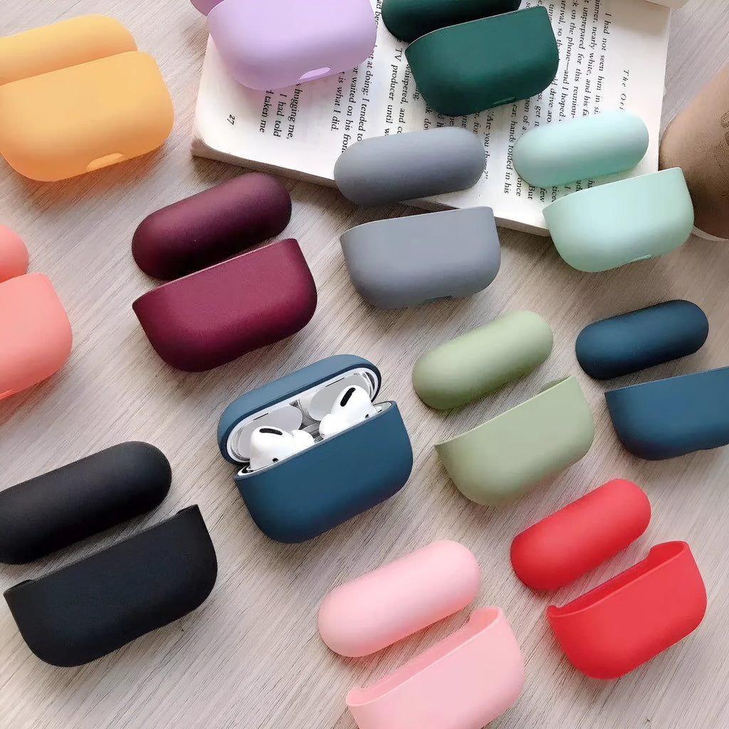 Third-party plastic protective case for Apple AirPods Pro and AirPods 3 shown in multiple colour options.