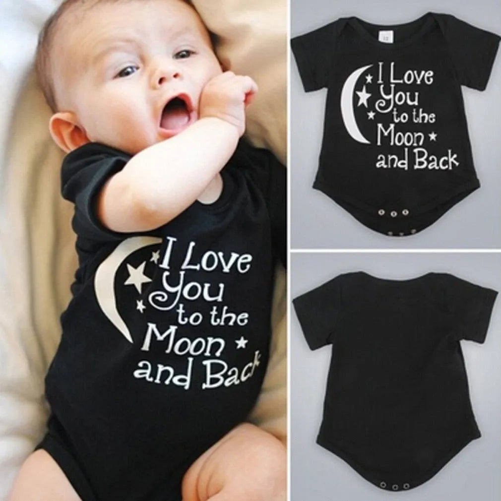 Black boys' romper bodysuit with moon star letter print, short sleeve, single-breasted closure