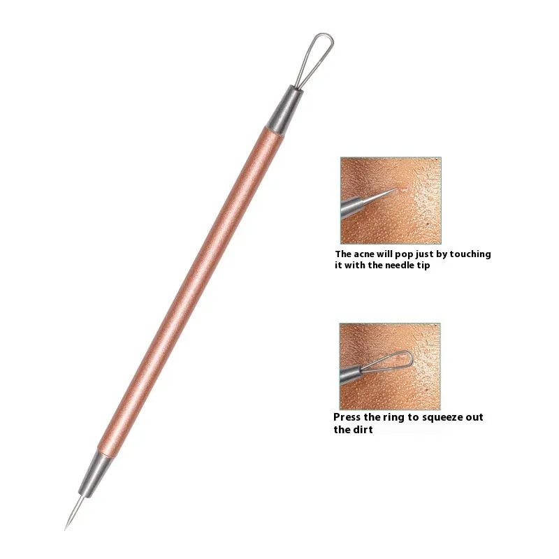 Six-piece stainless steel acne remover beauty tool set in rose gold