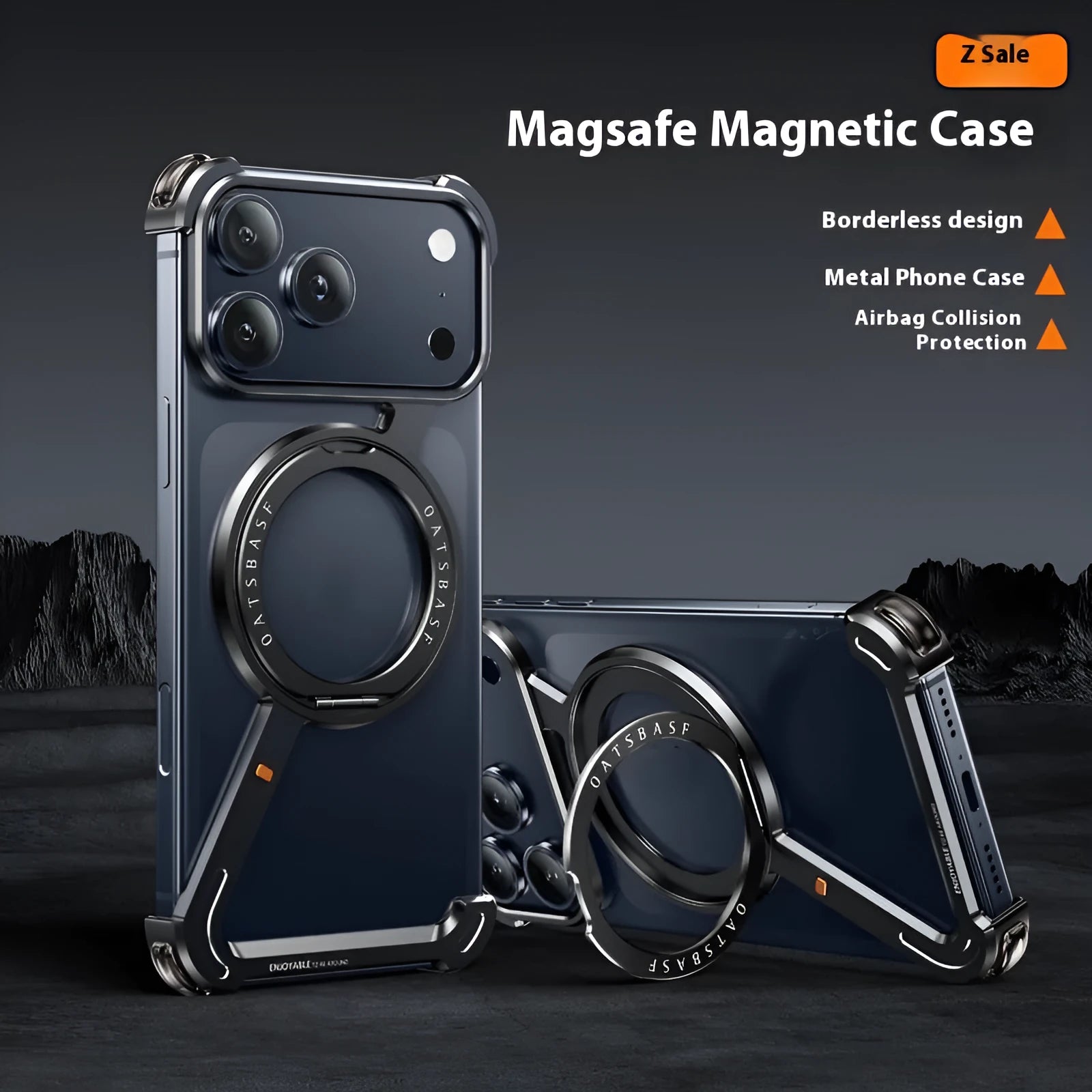 Black metal iPhone 17 Pro Max case showing integrated magnetic bracket and electroplated finish