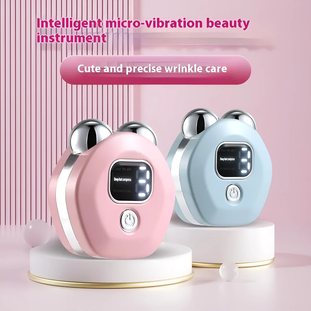 Portable hot compress micro current massage instrument in white, light blue, or pink colours with double-roller design