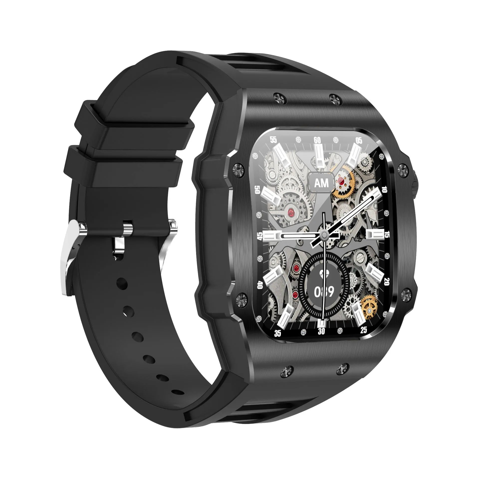 Men's smart watch with 1.91 inch IPS screen showing heart rate monitoring in white frame with black strap