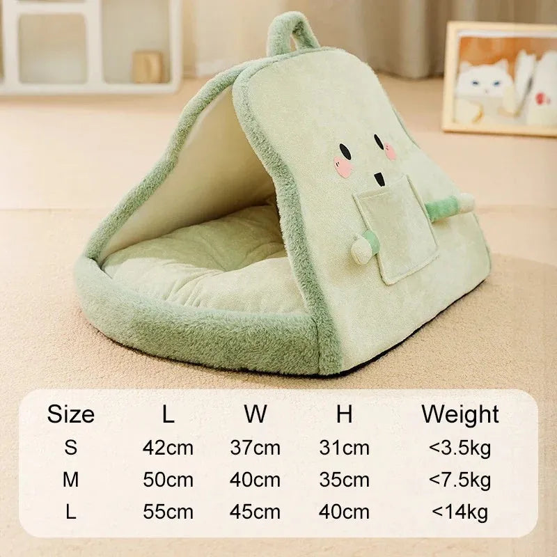 Green enclosed cat tent bed with removable blanket for winter sleeping
