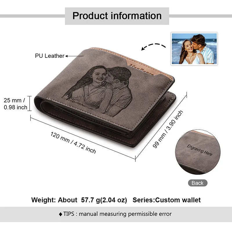 Engraved coffee-coloured PU horizontal short wallet showing personalisation and seven card slots