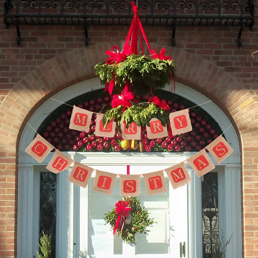 Brown and red burlap Christmas flag banner with fourteen pennants on natural string