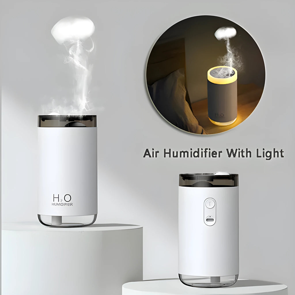 USB jellyfish humidifier producing smoke-ring mist with warm night light in blue, pink, or white colours