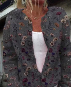 Women's loose-fit cardigan coat with a white 3D geometric digital print pattern on a solid coloured background.