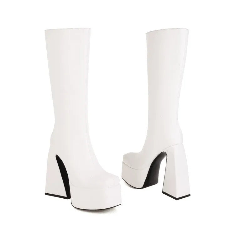Women's casual high boot in artificial PU leather, shown in black, red, blue, and white colour options.