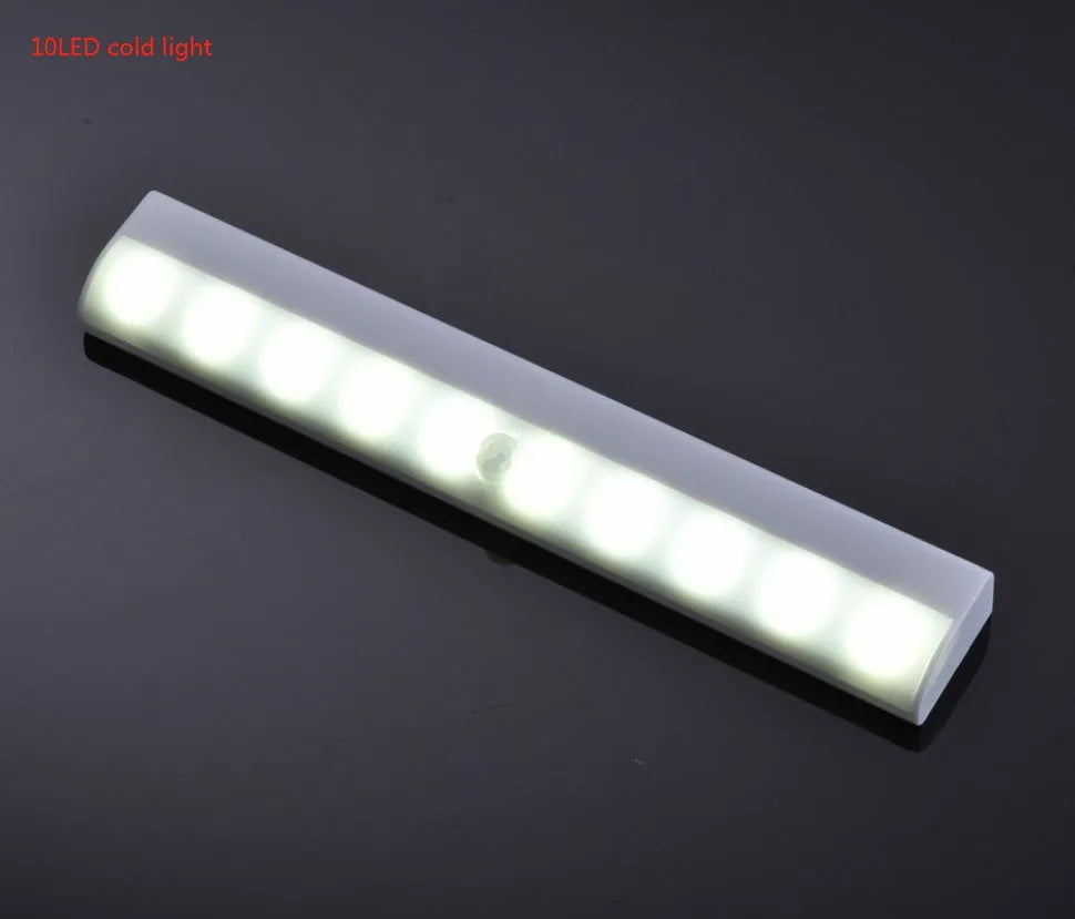 Silver aluminium LED closet light with motion sensor and magnetic back, shown illuminating a wardrobe.