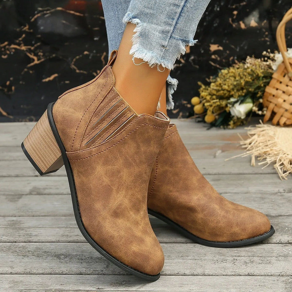 Black pointed toe women's ankle boots with a thick square low heel on a white background.