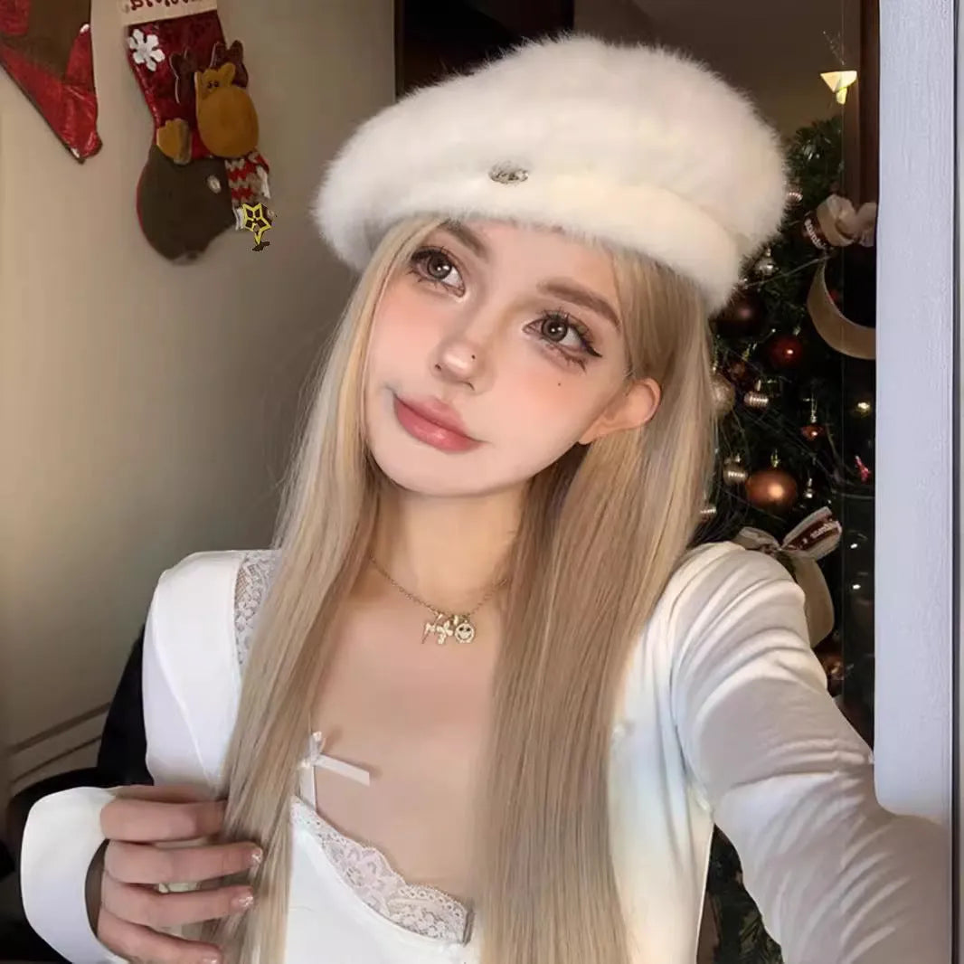 Women's long straight milk tea blonde wig on a stand with hair net.