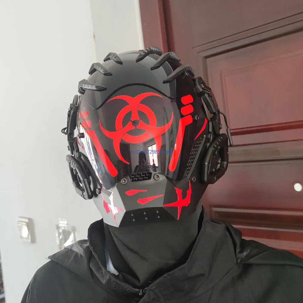 Black full face bioweapon themed prop helmet for cyberpunk cosplay.
