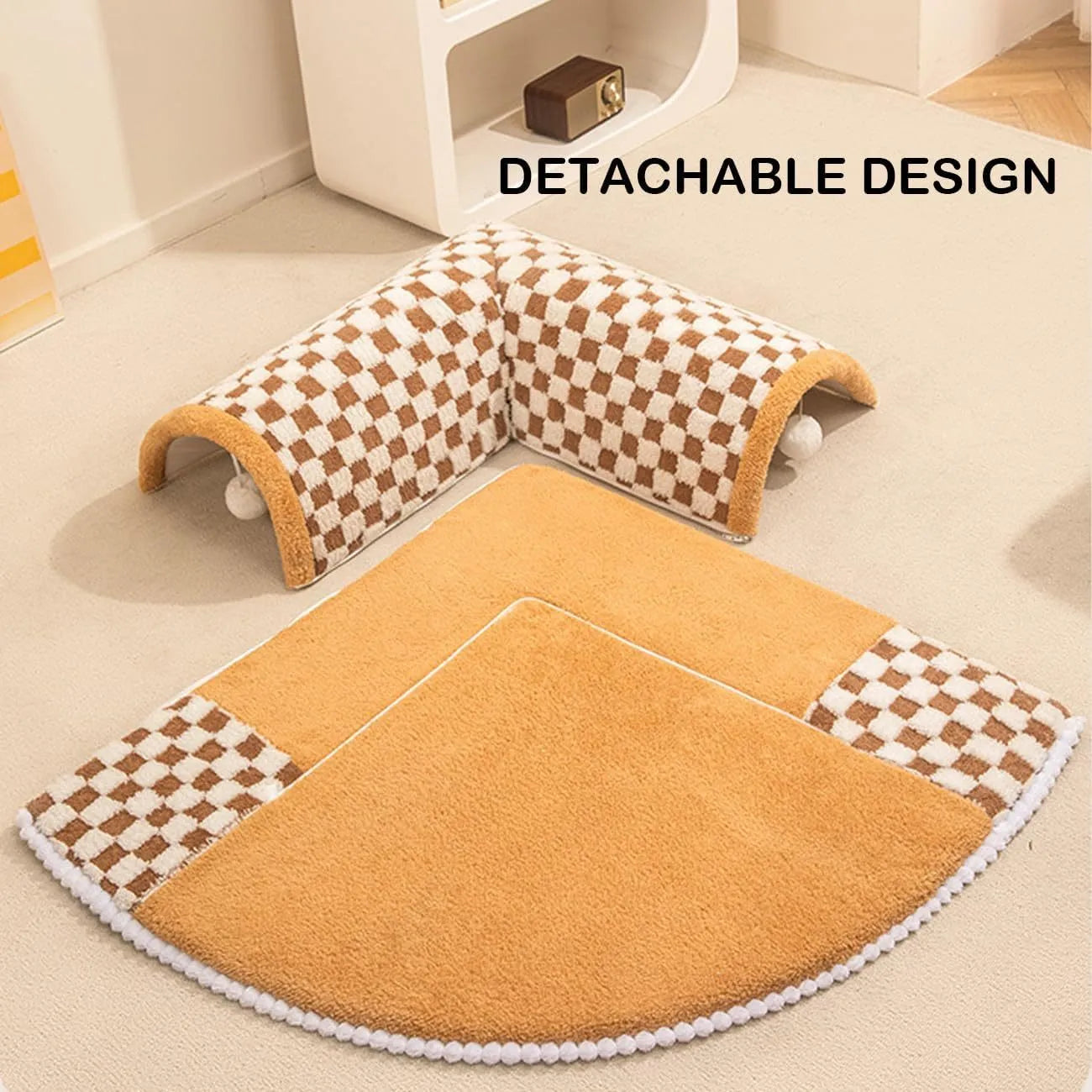 XL fan-shaped plush pet bed tunnel in a plaid pattern, showing a thick mat and tunnel opening.