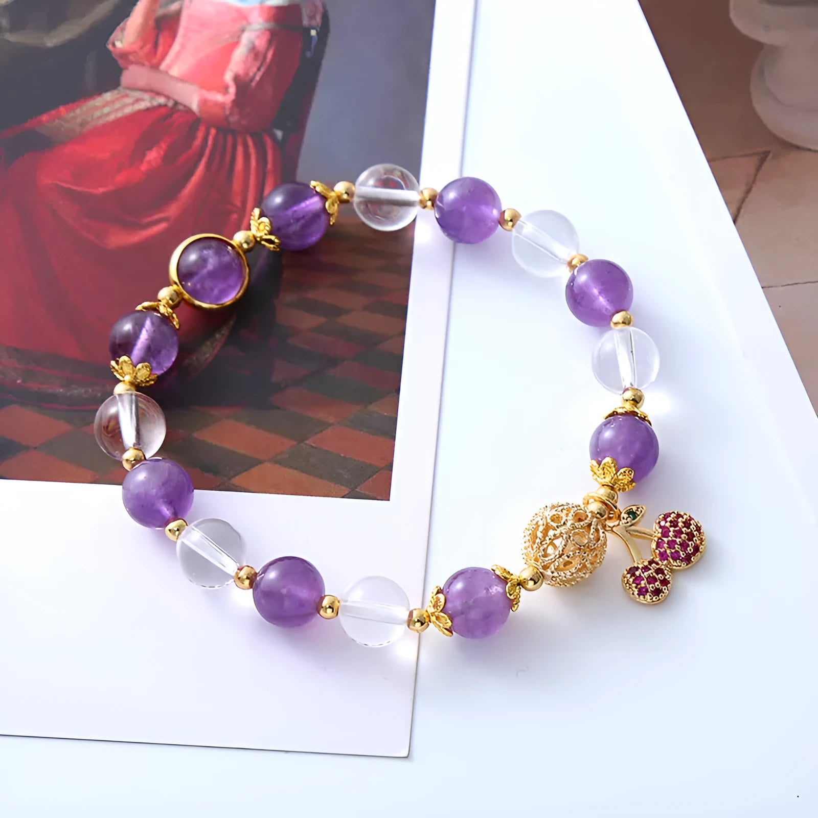 Purple crystal bracelet with micro-inlaid cherry flower design and manual processing