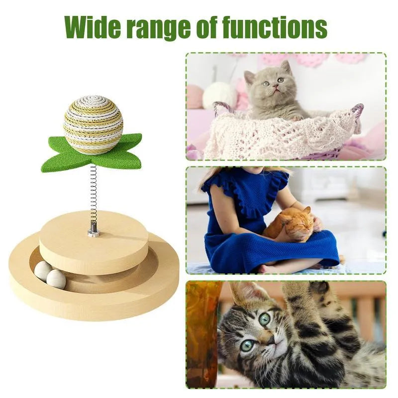 Green sisal cat toy with two-layer ball track and rotating spring ball mechanism