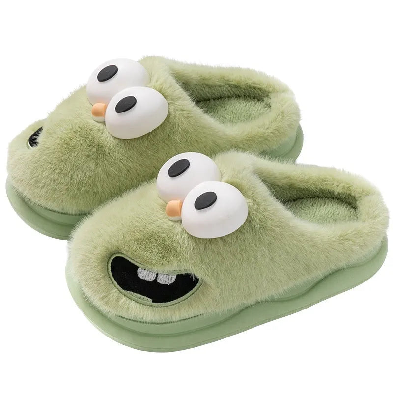 Female warm indoor cartoon big eye dog cotton slippers with suede upper, grey colour, size 38/39