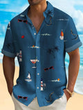 Man wearing a loose-fit digital print Hawaiian shirt in a colourful pattern.