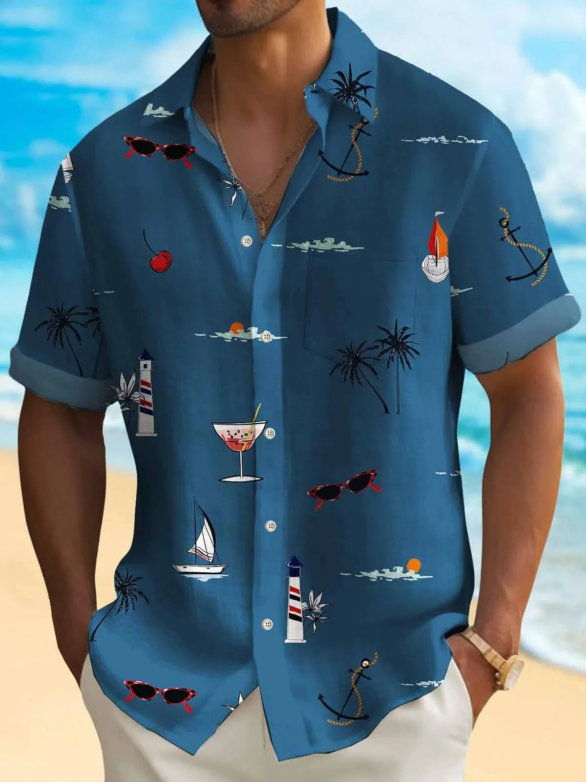 Man wearing a loose-fit digital print Hawaiian shirt in a colourful pattern.