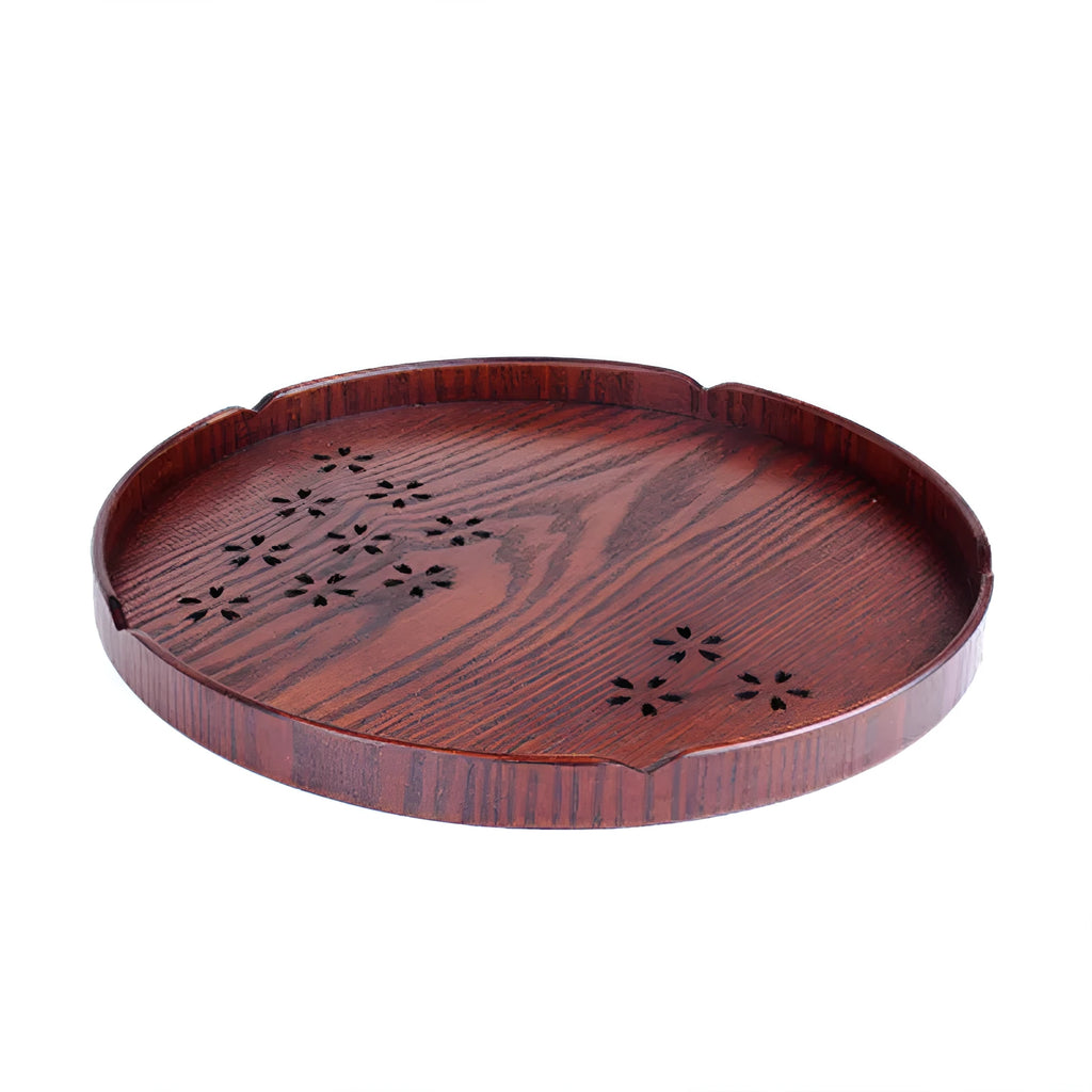 30cm round wooden plate with hollow cherry blossom design and 2cm shallow depth