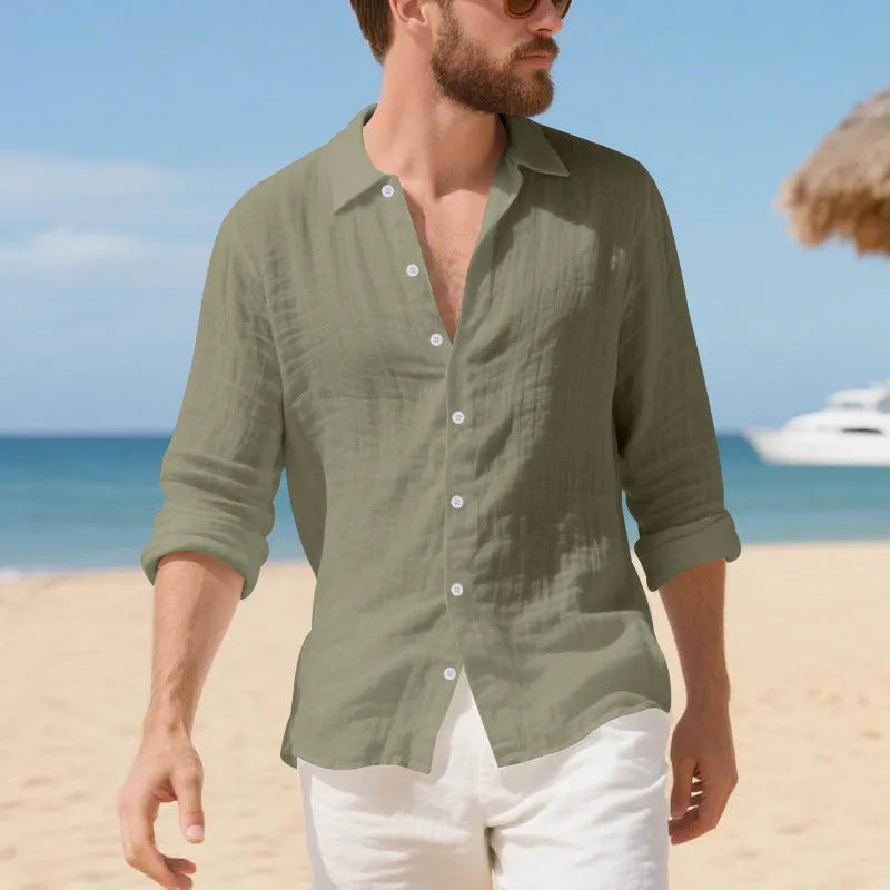 Linen casual shirt in a loose American fit on a hanger, shown in an earthy yellow colour.