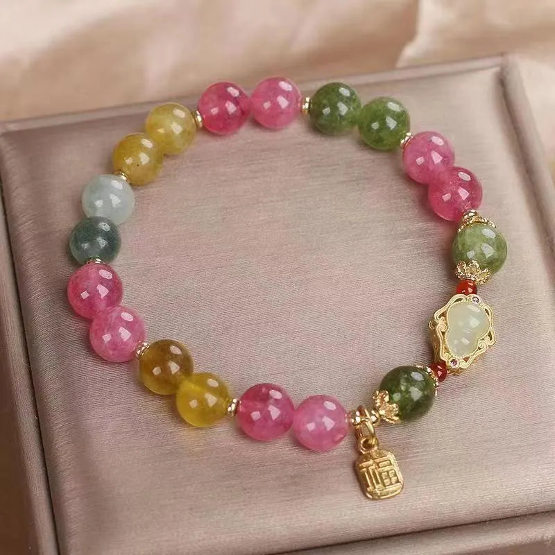 Colourful tourmaline gourd blessing card bracelet for women with electroplated finish
