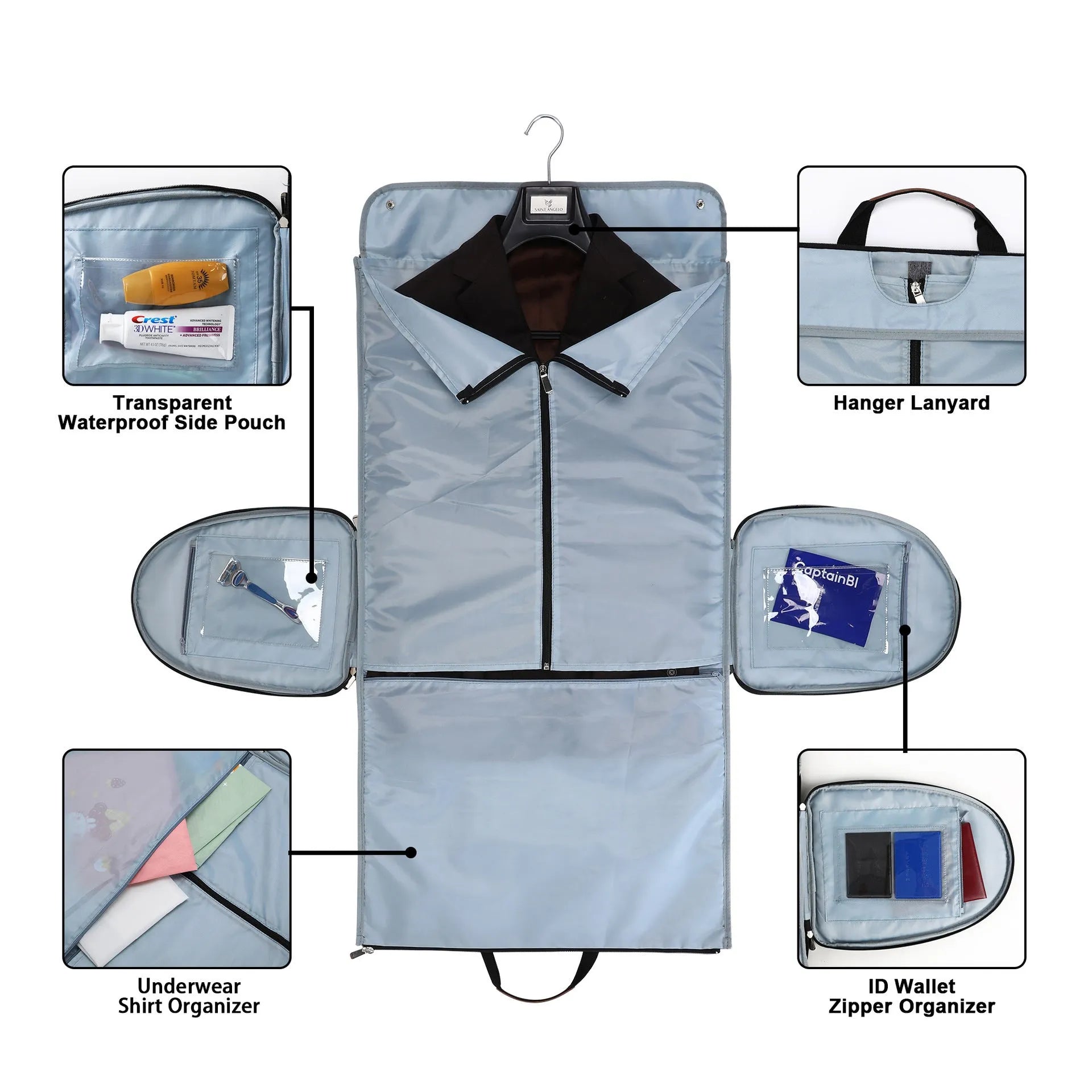 Folding duffel luggage bag in dark blue Oxford cloth with carrying handles.