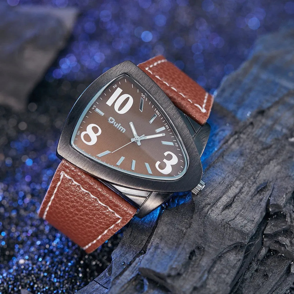 Men's casual watch with a triangle belt buckle shown in brown, black, and blue colour options.