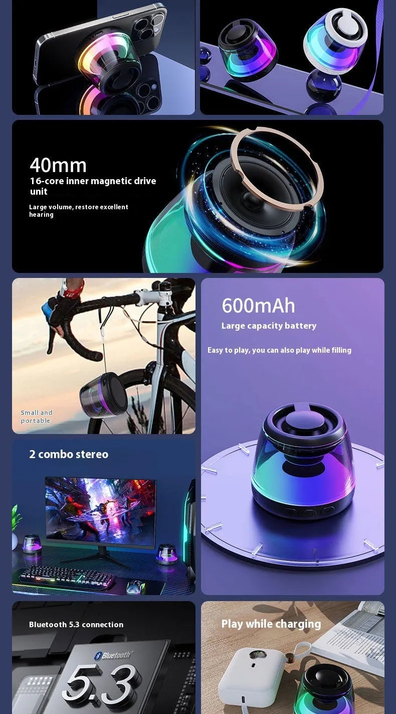 Portable wireless Bluetooth speaker with LED light and magnetic base in black or white