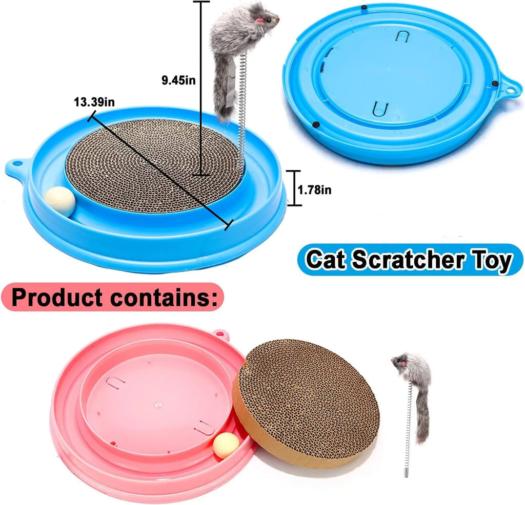 Interactive cat scratcher toy with ball track and replaceable cardboard scratching surface