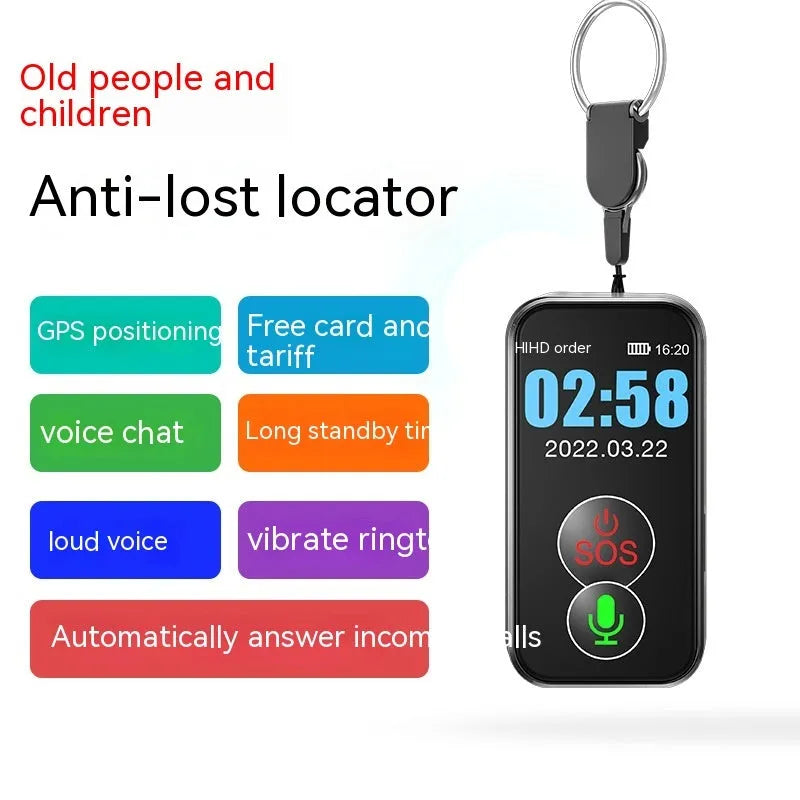 Black 4G GPS child positioning device with PC+ABS casing and display showing map interface