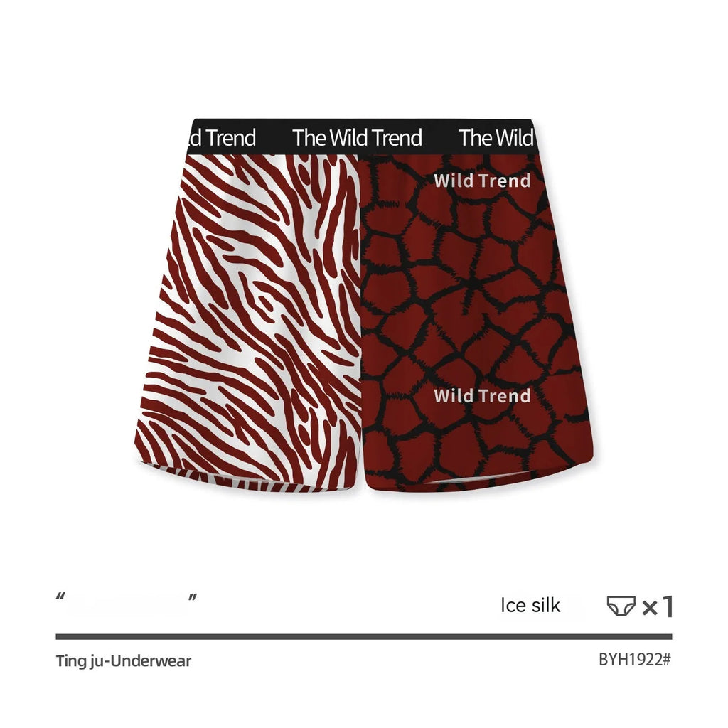 Men's leopard print woven shorts in ice silk polyester fabric with mid waist design