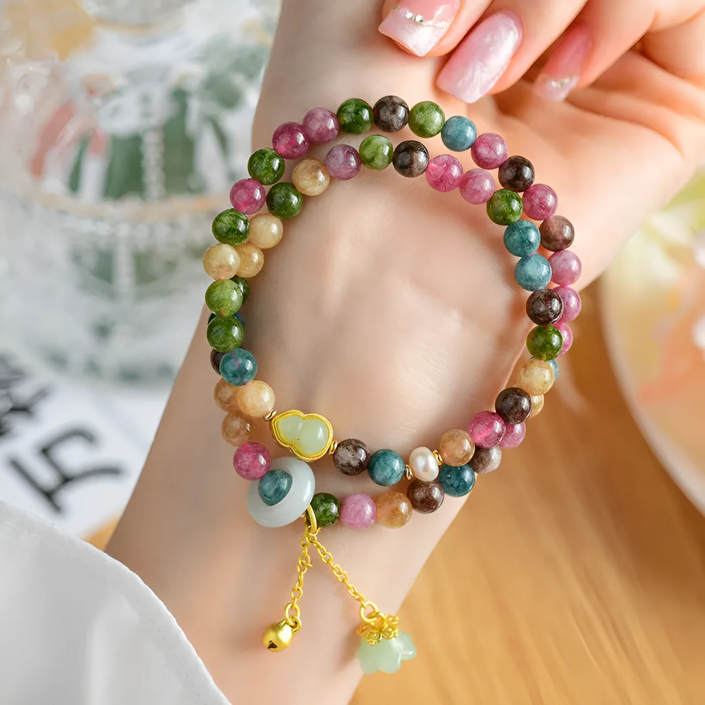 Natural chalcedony double ring bracelet with 6-6.5mm beads in C118 tourmaline colour geometric design