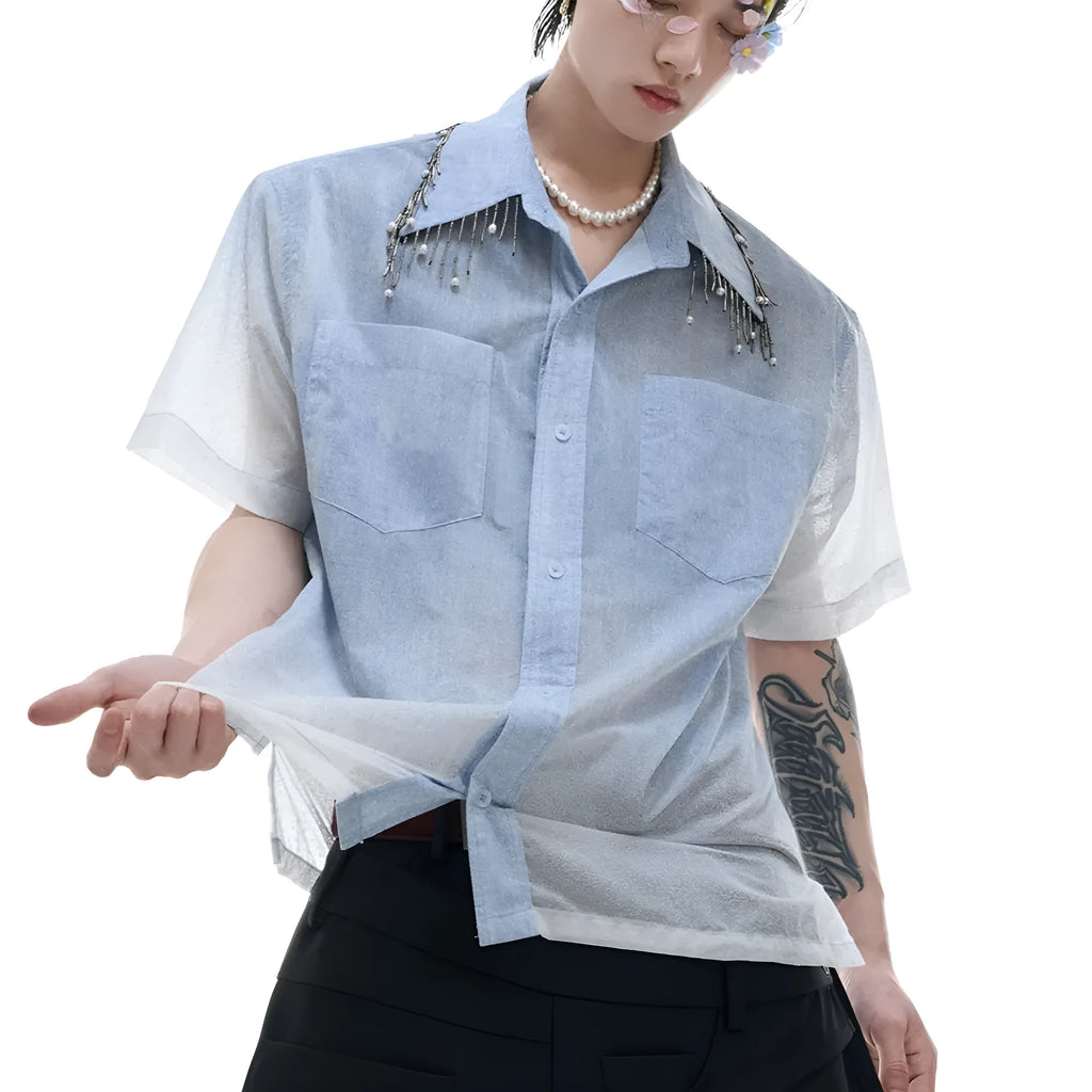 Men's blue and white gradient quilted shirt with loose fit and short sleeves