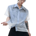 Men's blue and white gradient quilted shirt with loose fit and short sleeves