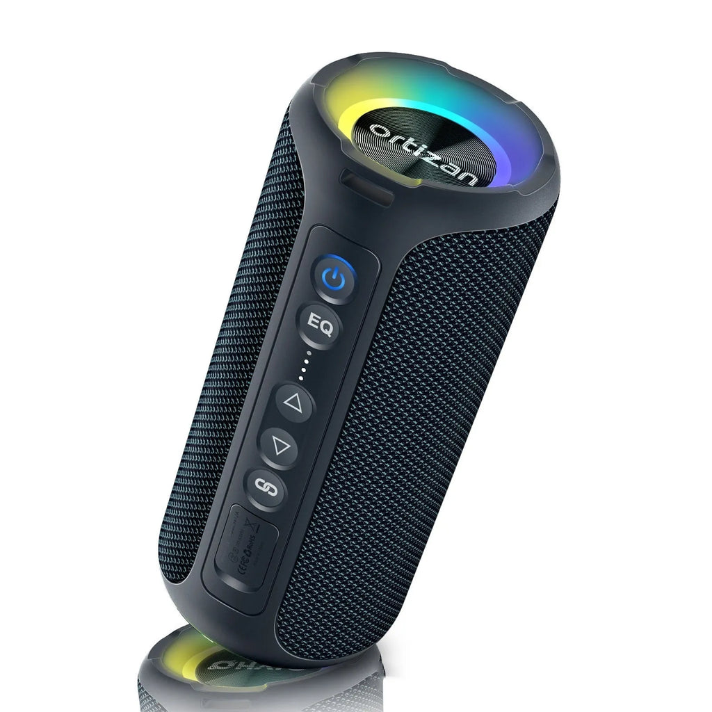 Black and blue fabric wireless Bluetooth speaker with LED lighting and waterproof casing