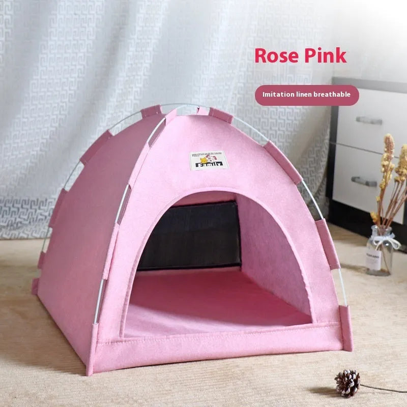 Grey tent-style pet bed for small dogs and cats with a removable washable cover.
