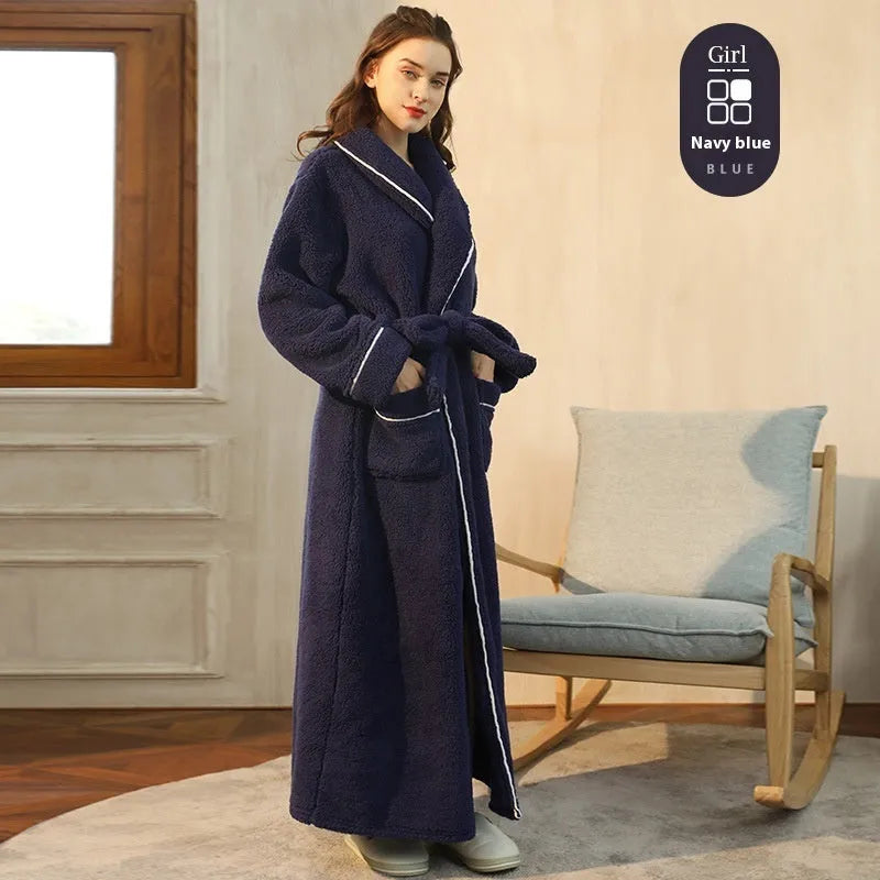 Thick flannel winter bathrobe for couples in multiple colour options like navy blue and cherry yellow.